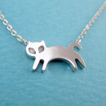 Leaping Kitty Cat Silhouette Shaped Choker Pendant Necklace in Silver