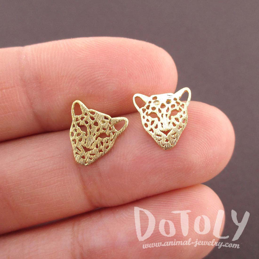 Leopard Jaguar Face Dye Cut Shaped Allergy Free Stud Earrings in Gold