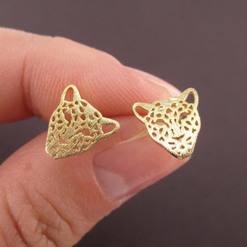 Leopard Jaguar Face Dye Cut Shaped Allergy Free Stud Earrings in Gold