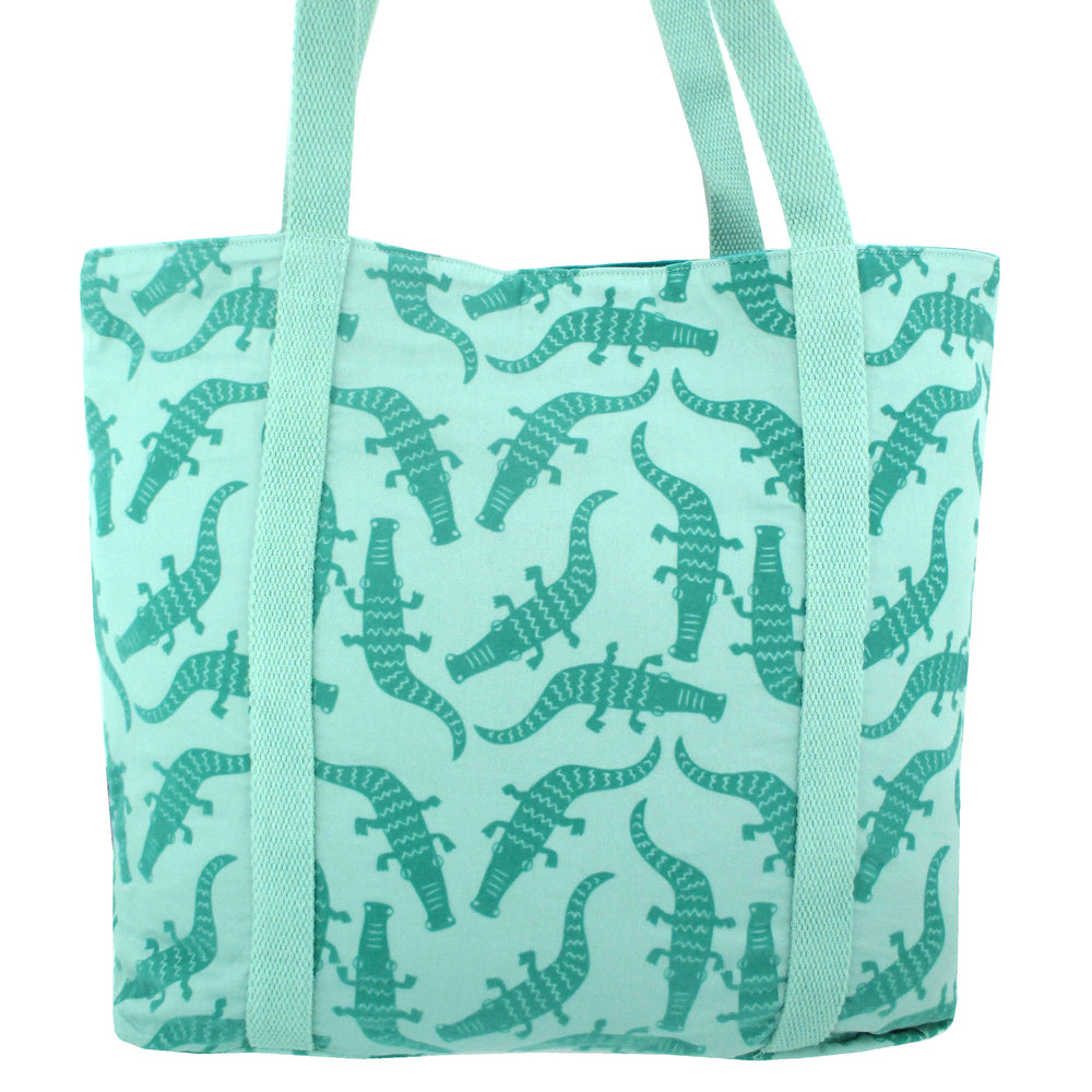 Green Crocodile Alligator Print Large Utility Market Tote Bag with Zip