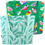 Green Alligator Birds Animal Print Large Utility Zip Closure Market Tote Bag