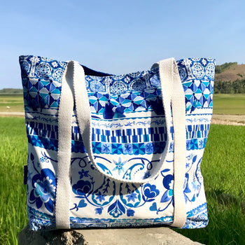 Blue Floral Mosaic Print Large Carry All Canvas Market Shopper Tote Bag