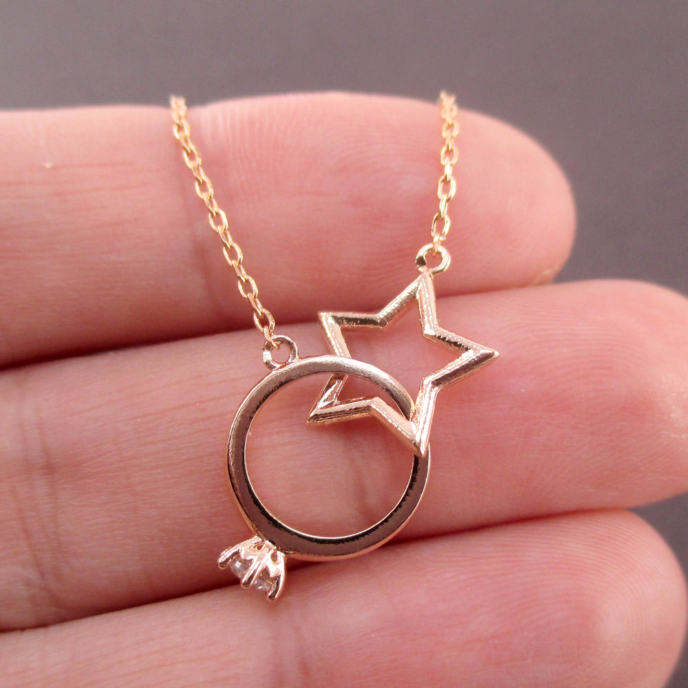 Linked Diamond Ring Interlocking Star Infinity Ring Pendant Necklace