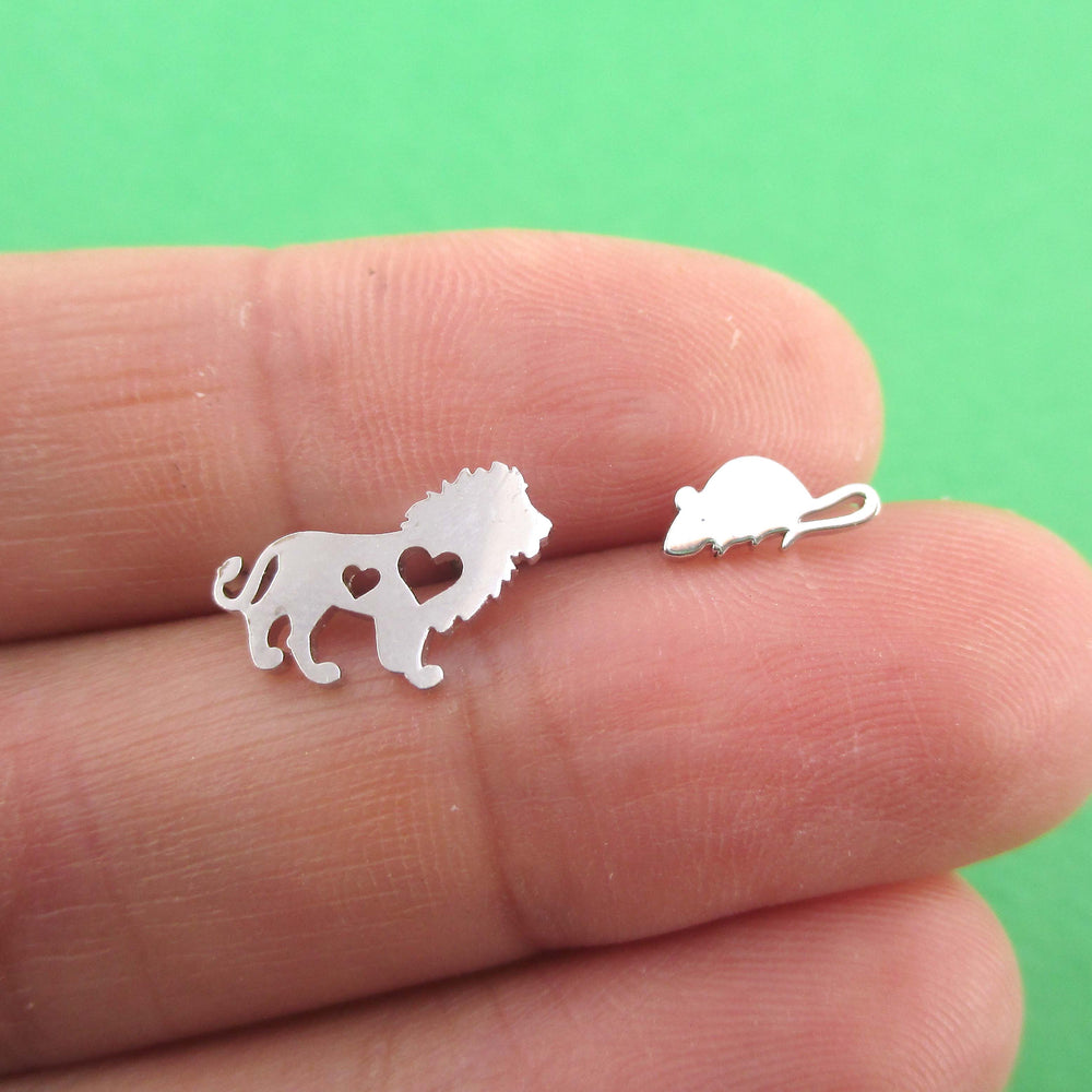 Lion and Mouse Silhouette Shaped Stud Earrings in Silver | DOTOLY