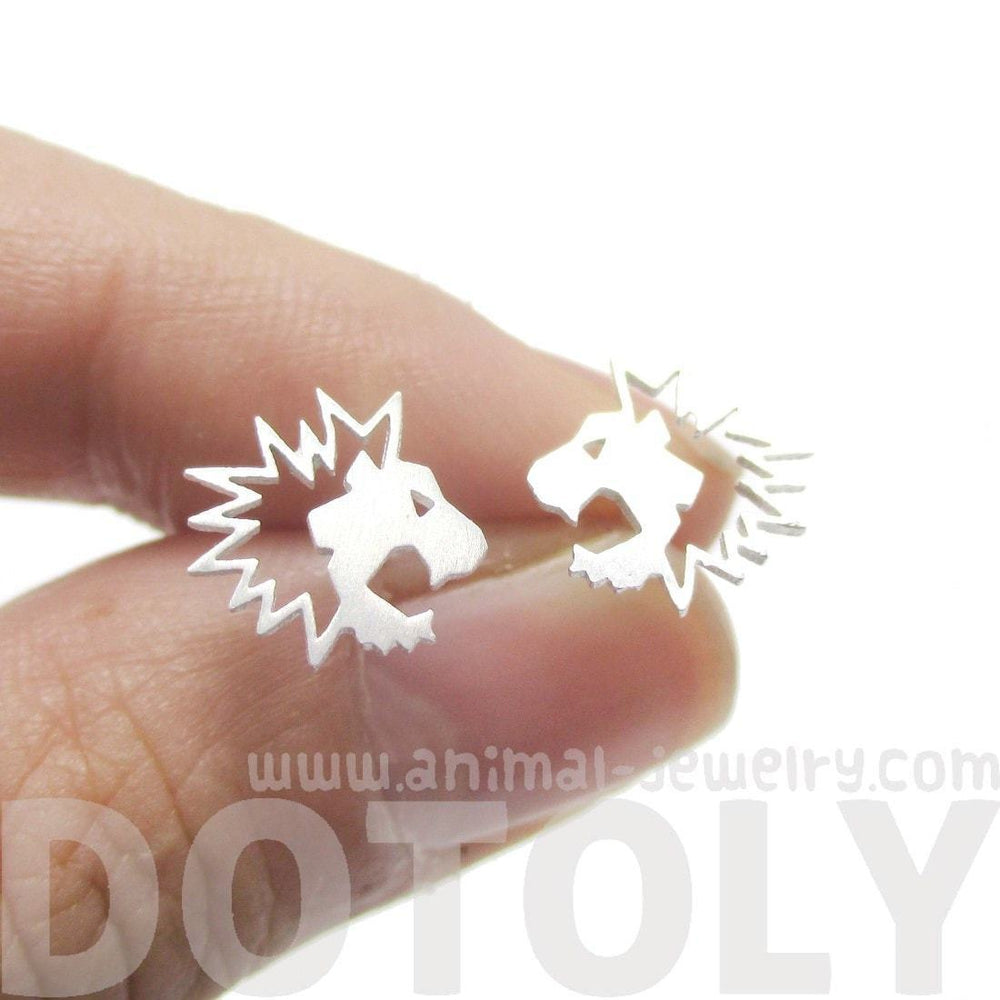 Lion Face Shaped Animal Cut Out Stud Earrings in Silver | Animal Jewelry | DOTOLY