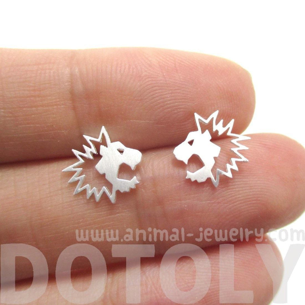 Lion Face Shaped Animal Cut Out Stud Earrings in Silver | Animal Jewelry | DOTOLY