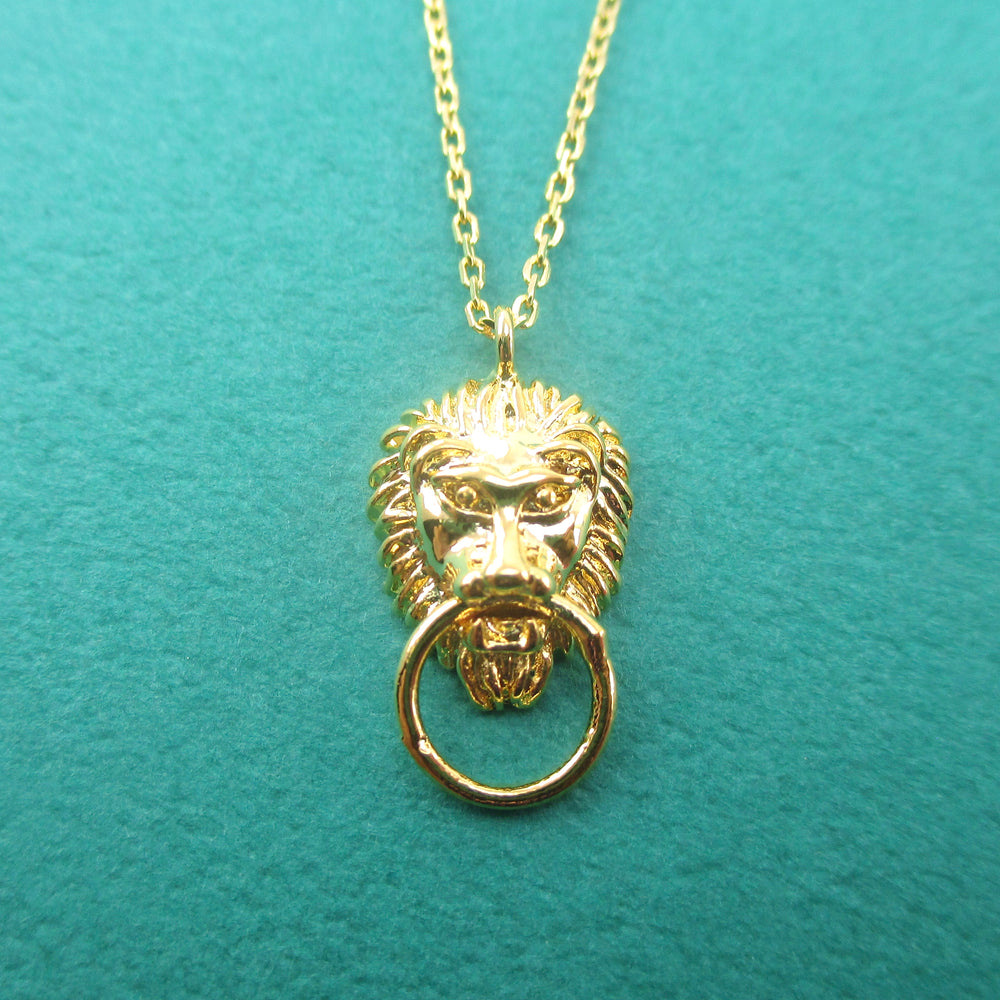 Lion Head Door Knocker Shaped Pendant Necklace in Gold