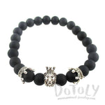 Lion King of The Jungle Stretchy Black Beaded Bracelet in Silver