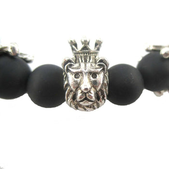 Lion King of The Jungle Stretchy Black Beaded Bracelet in Silver