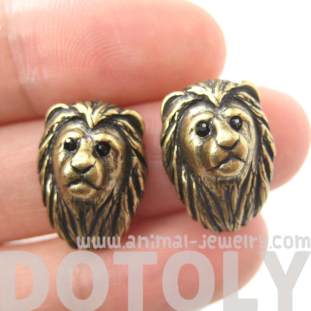 Lion Shaped Realistic Animal Stud Earrings in Brass | Animal Jewelry | DOTOLY