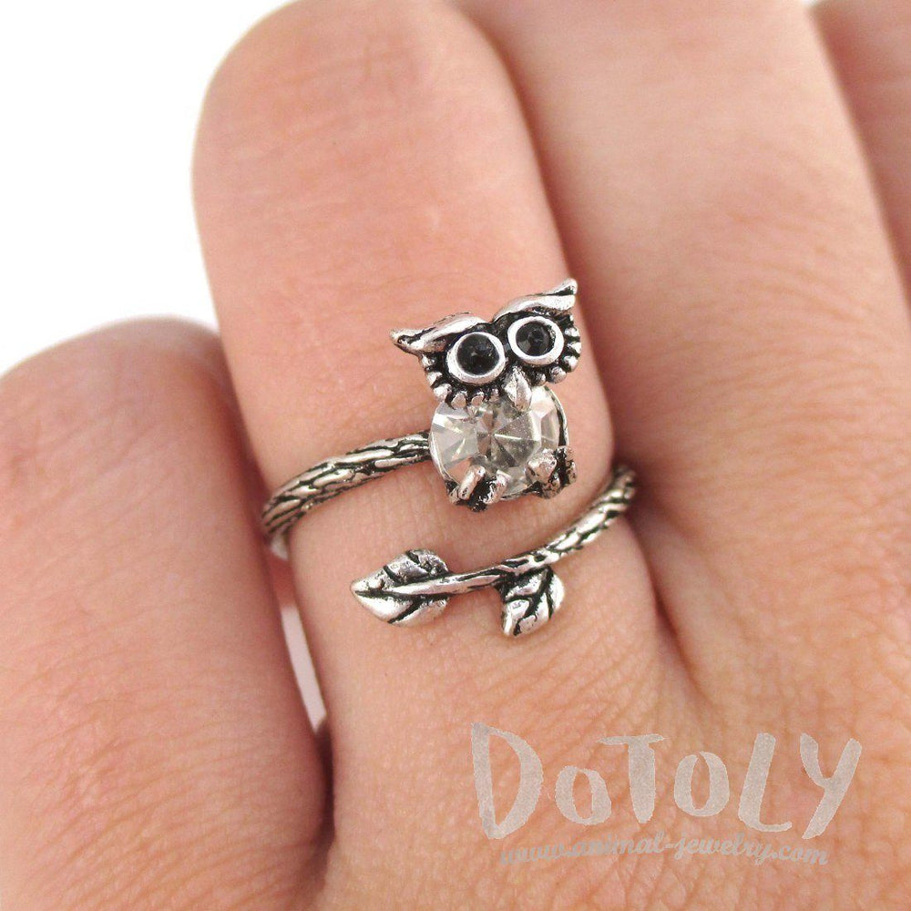 Little Baby Owl on A Branch Shaped Animal Ring in Silver | DOTOLY