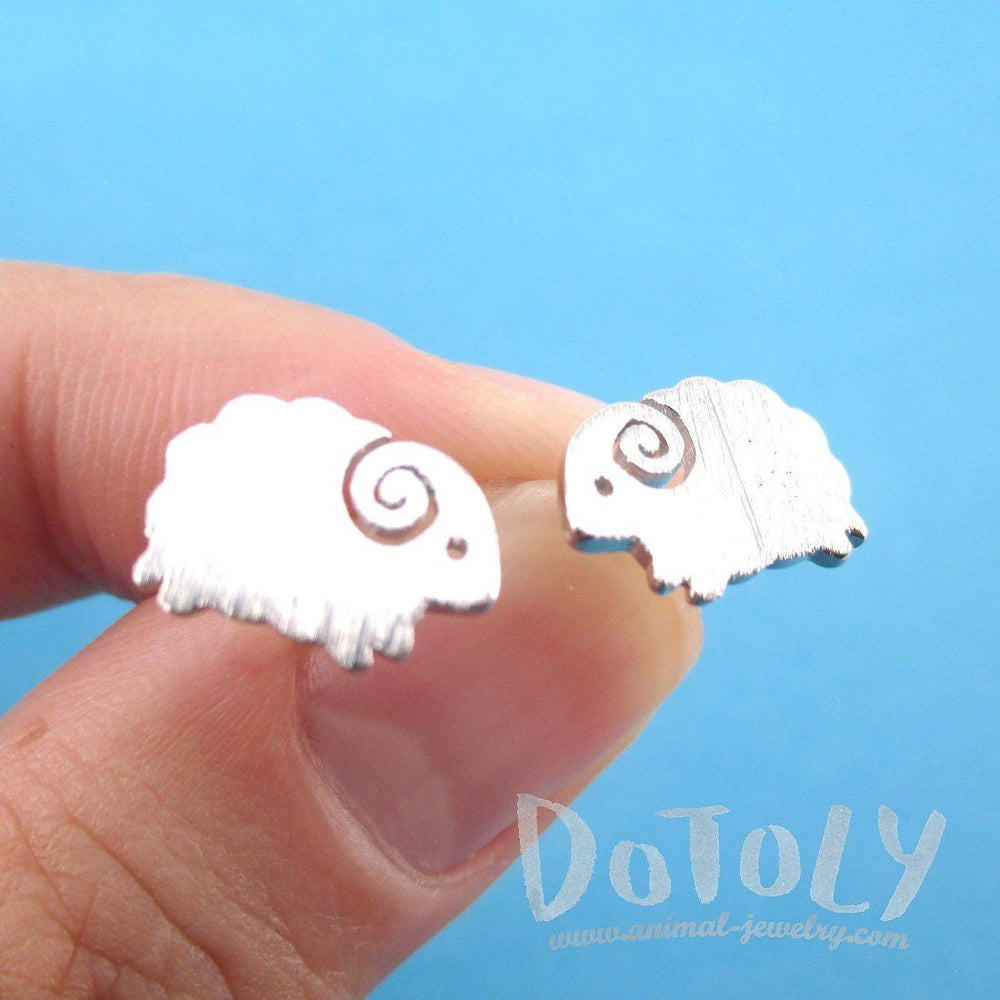 Little Mountain Goat Ram Sheep Shaped Stud Earrings in Silver | DOTOLY