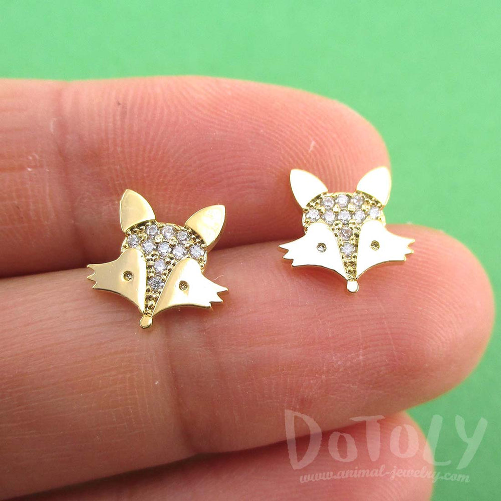 Little Red Fox Face Shaped Rhinestone Stud Earrings in Gold | DOTOLY