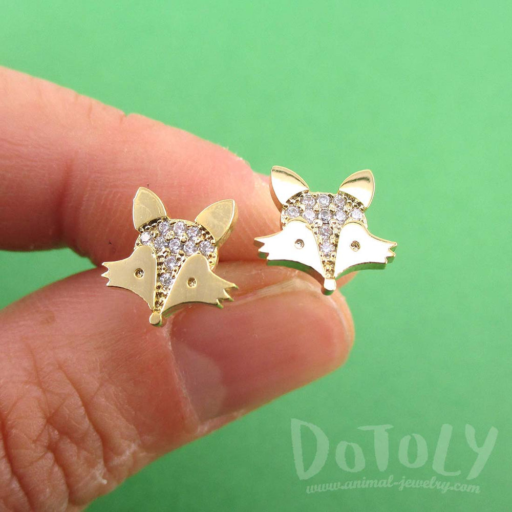 Little Red Fox Face Shaped Rhinestone Stud Earrings in Gold | DOTOLY