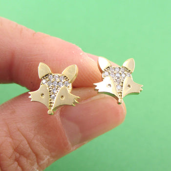 Little Red Fox Face Shaped Rhinestone Stud Earrings in Gold | DOTOLY