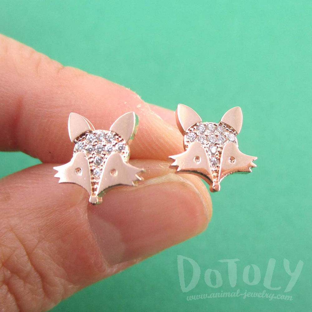 Little Red Fox Face Shaped Stud Earrings in Rose Gold with Rhinestones