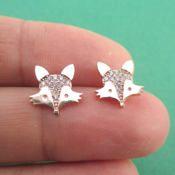 Little Red Fox Face Shaped Stud Earrings in Rose Gold with Rhinestones