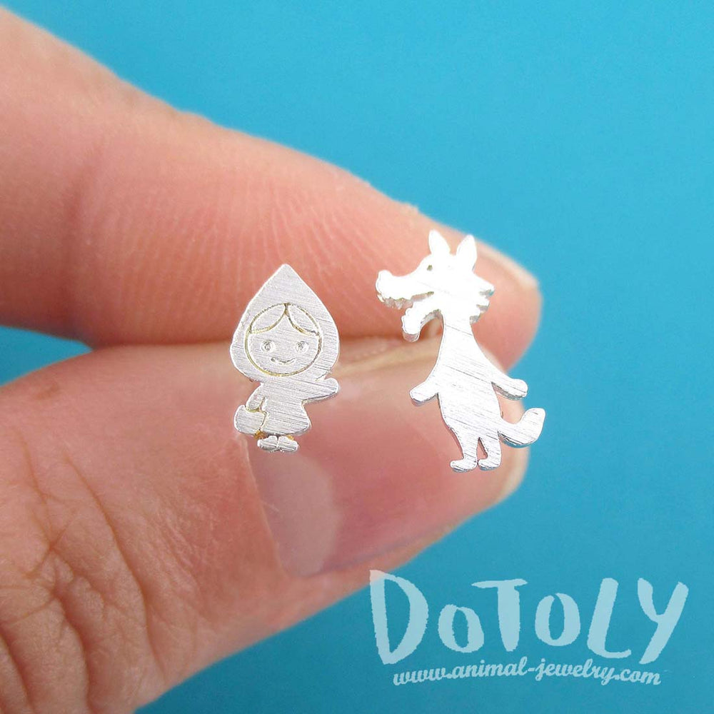 Little Red Riding Hood and Wolf Shaped Stud Earrings in Silver