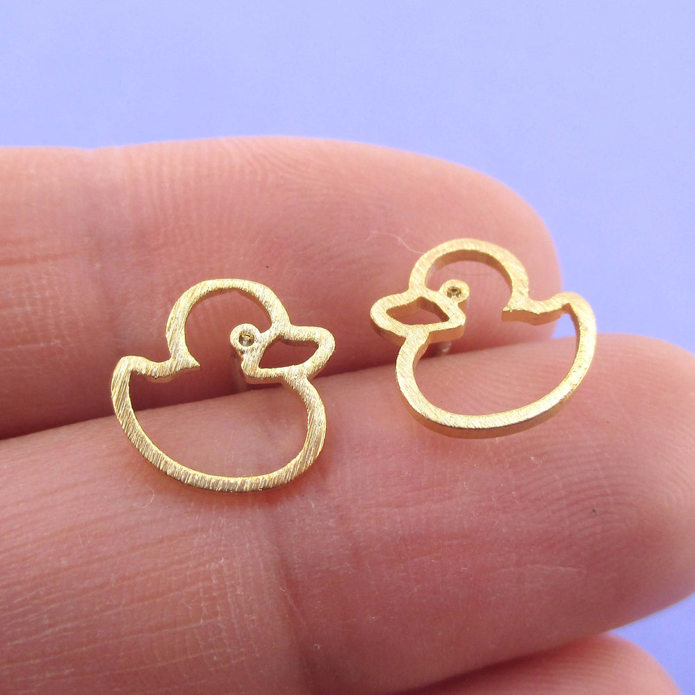 Little Rubber Ducky Duck Outline Shaped Stud Earrings in Gold