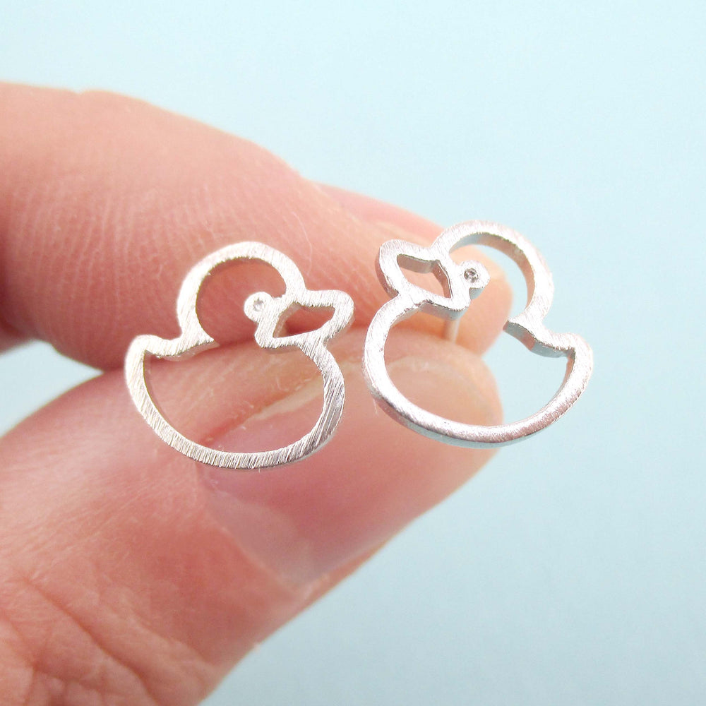 Little Rubber Ducky Duck Outline Shaped Stud Earrings in Silver