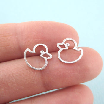 Little Rubber Ducky Duck Outline Shaped Stud Earrings in Silver