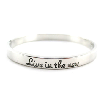 Live in the Now Be Present Quote Typography Bangle Bracelet in Silver