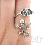 Lizard Gecko and Leaf Adjustable Wire Wrap Ring in Silver | DOTOLY