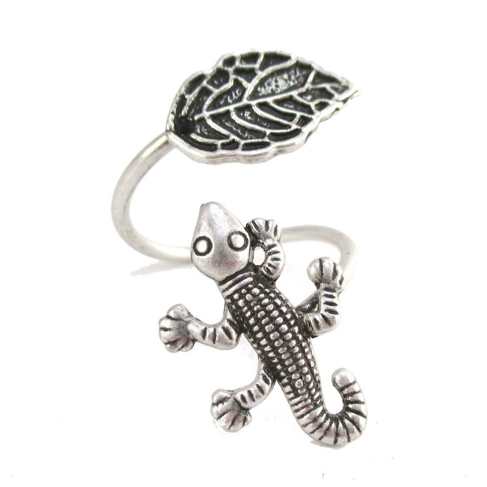 Lizard Gecko and Leaf Adjustable Wire Wrap Ring in Silver | DOTOLY