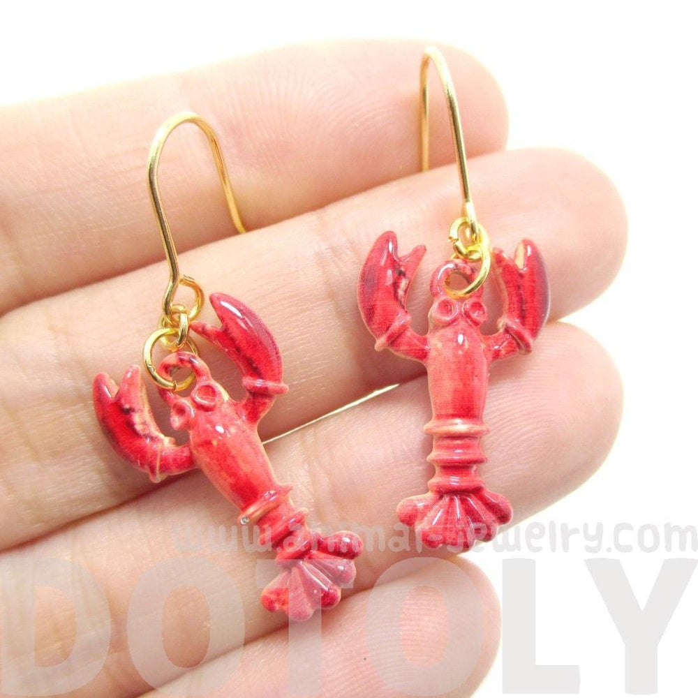 Lobster Crayfish Shaped Dangle Earrings in Red | Animal Jewelry