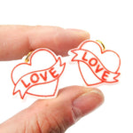 Love Banner Tattoo Heart Shaped Laser Cut Dangle Clip On Earrings in White | DOTOLY