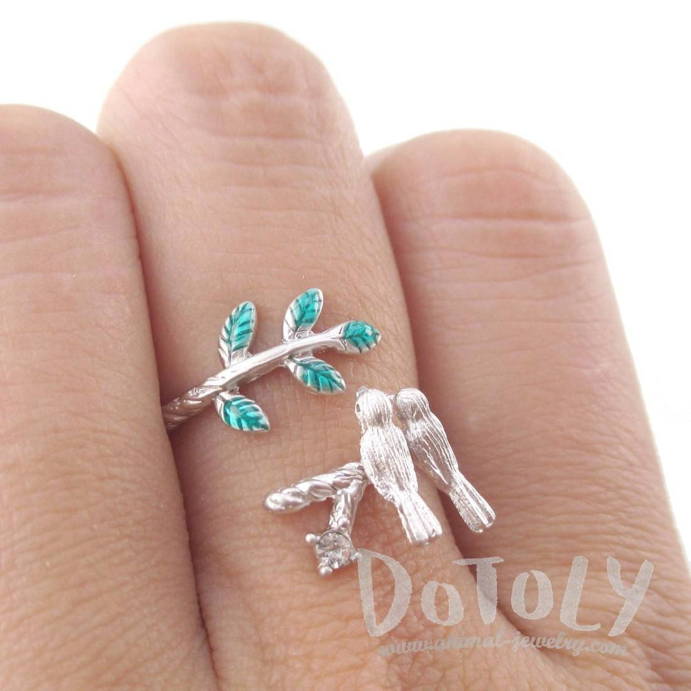 Love Birds Resting on a Branch Shaped Adjustable Wrap Ring in Silver