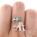 Love Birds Resting on a Branch Shaped Adjustable Wrap Ring in Silver