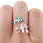 Love Birds Resting on a Branch Shaped Adjustable Wrap Ring in Silver