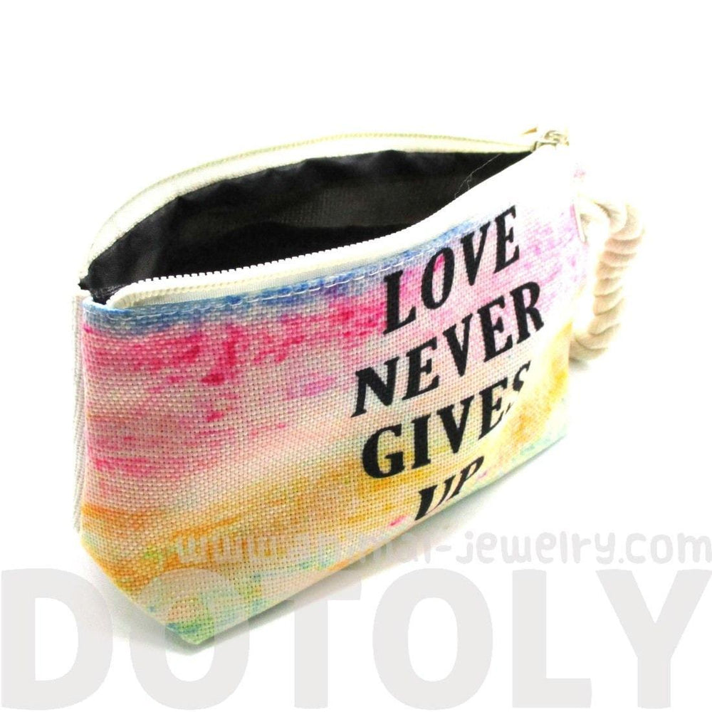 Love Never Gives Up Rainbow Watercolor Fabric Clutch Make Up Bag | DOTOLY | DOTOLY