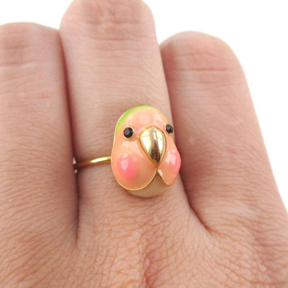 Lovebird Agapornis Parrot Bird Face Shaped Adjustable Enamel Ring