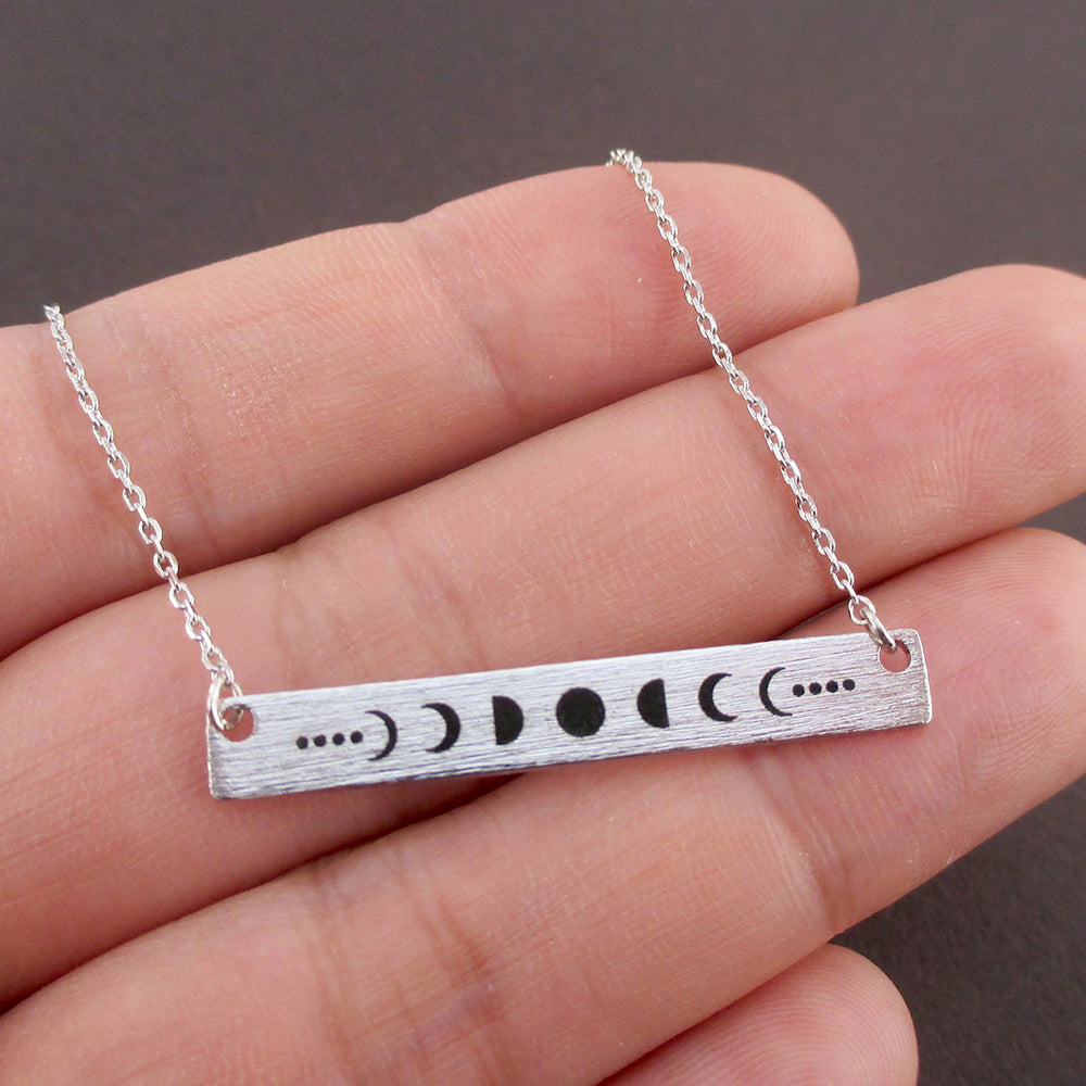 Lunar Moon Phases Minimal Rectangular Pendant Necklace in Silver