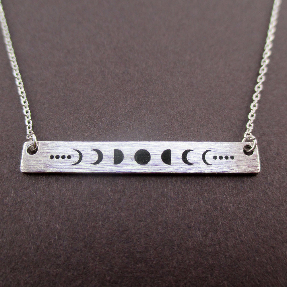 Lunar Moon Phases Minimal Rectangular Pendant Necklace in Silver