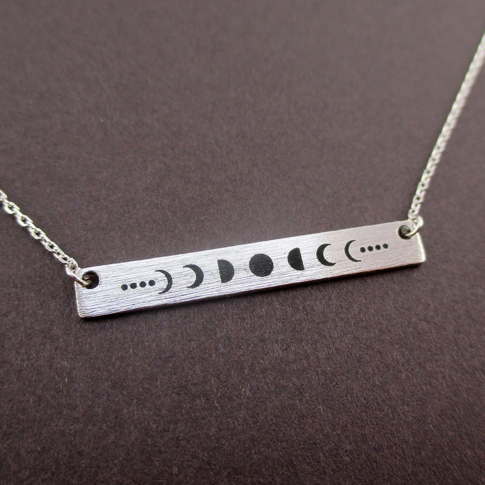 Lunar Moon Phases Minimal Rectangular Pendant Necklace in Silver