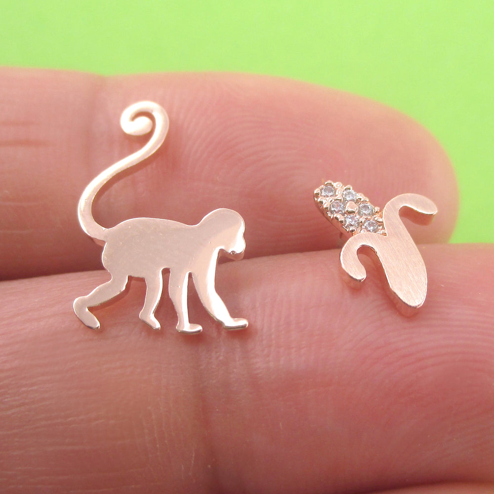 Macaque Monkey Banana Silhouette Shaped Sterling Silver Stud Earrings