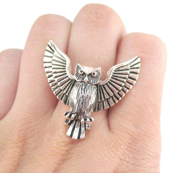 Majestic Owl with Wings Spread Shaped Animal Ring in Silver | DOTOLY