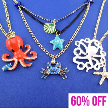 Marine Life Inspired Octopus Sea Creatures Charm Necklace 3 Piece Set