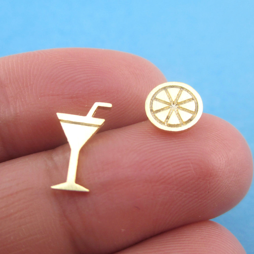 Martini Margarita and Lime Tequila Alcohol Inspired Stud Earrings in Gold
