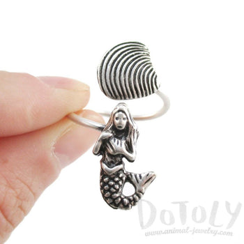 Mermaid and Seashell Wrap Around Adjustable Ring in Silver | DOTOLY | DOTOLY
