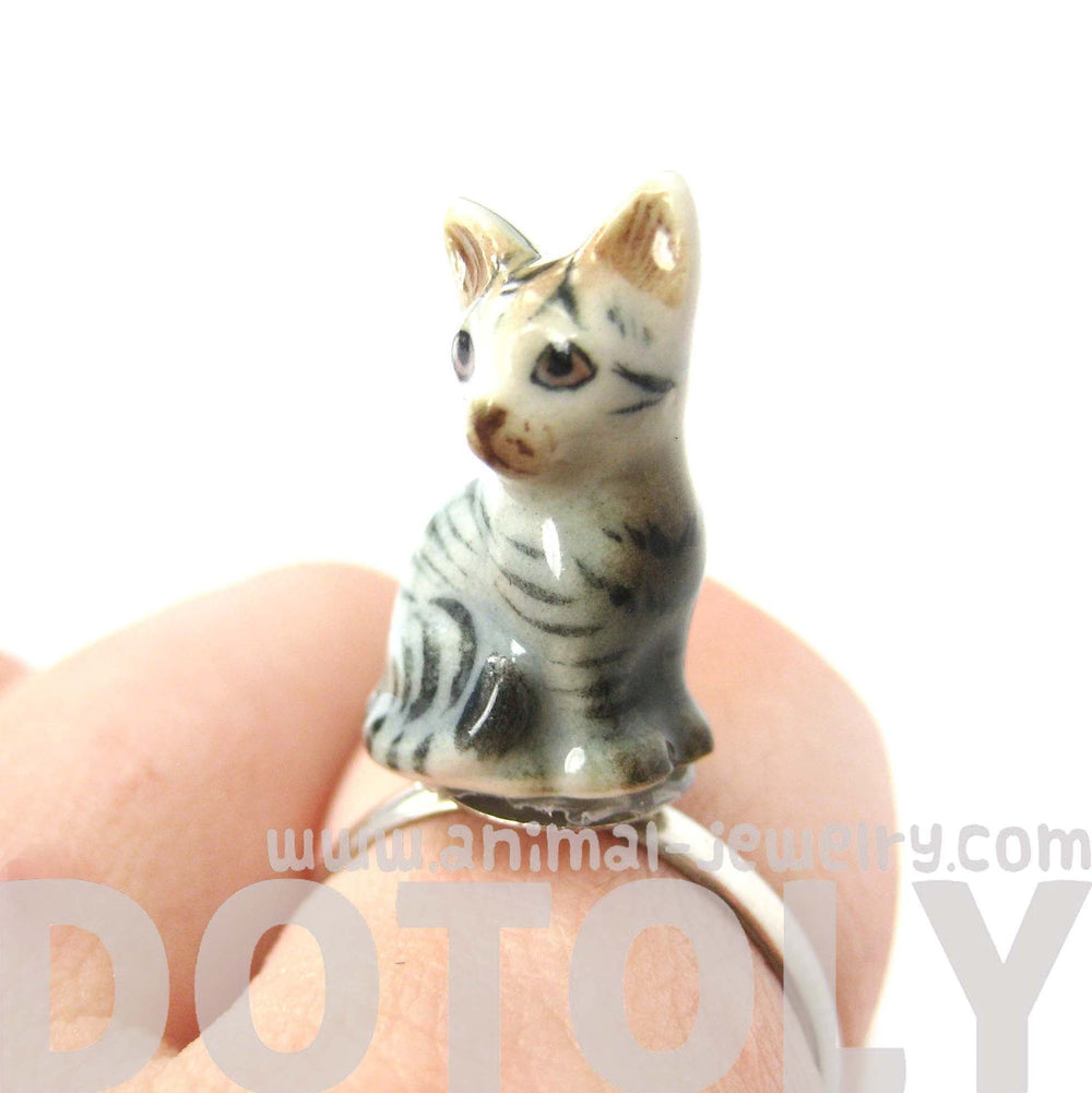 Miniature Grey and Black Striped Kitty Cat Porcelain Ceramic Animal Adjustable Ring | Handmade | DOTOLY