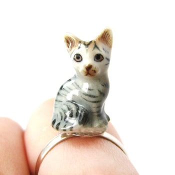 Miniature Grey and Black Striped Kitty Cat Porcelain Ceramic Animal Adjustable Ring | Handmade | DOTOLY