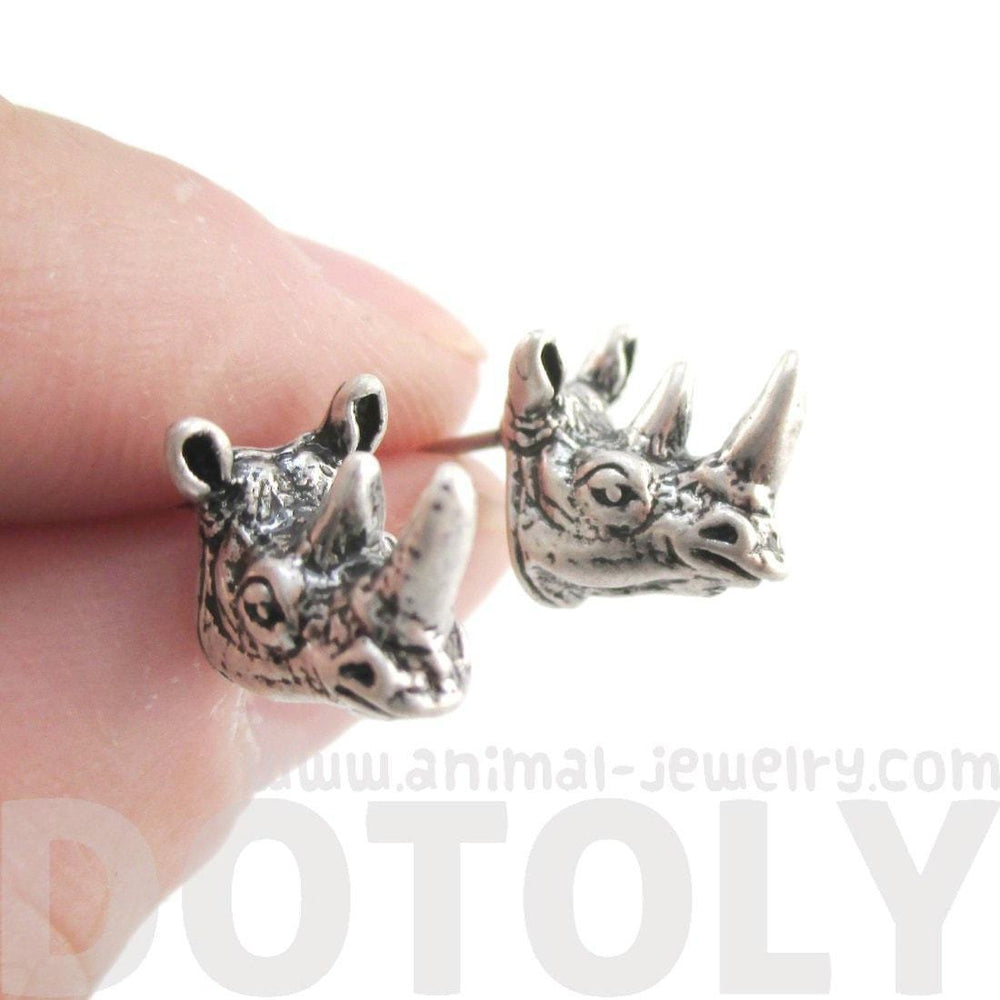 Miniature Rhino Shaped Realistic Stud Earrings in Silver | Animal Jewelry | DOTOLY