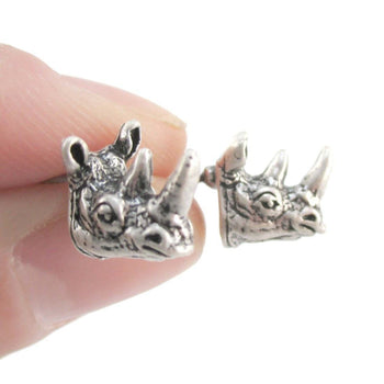 Miniature Rhino Shaped Realistic Stud Earrings in Silver | Animal Jewelry | DOTOLY