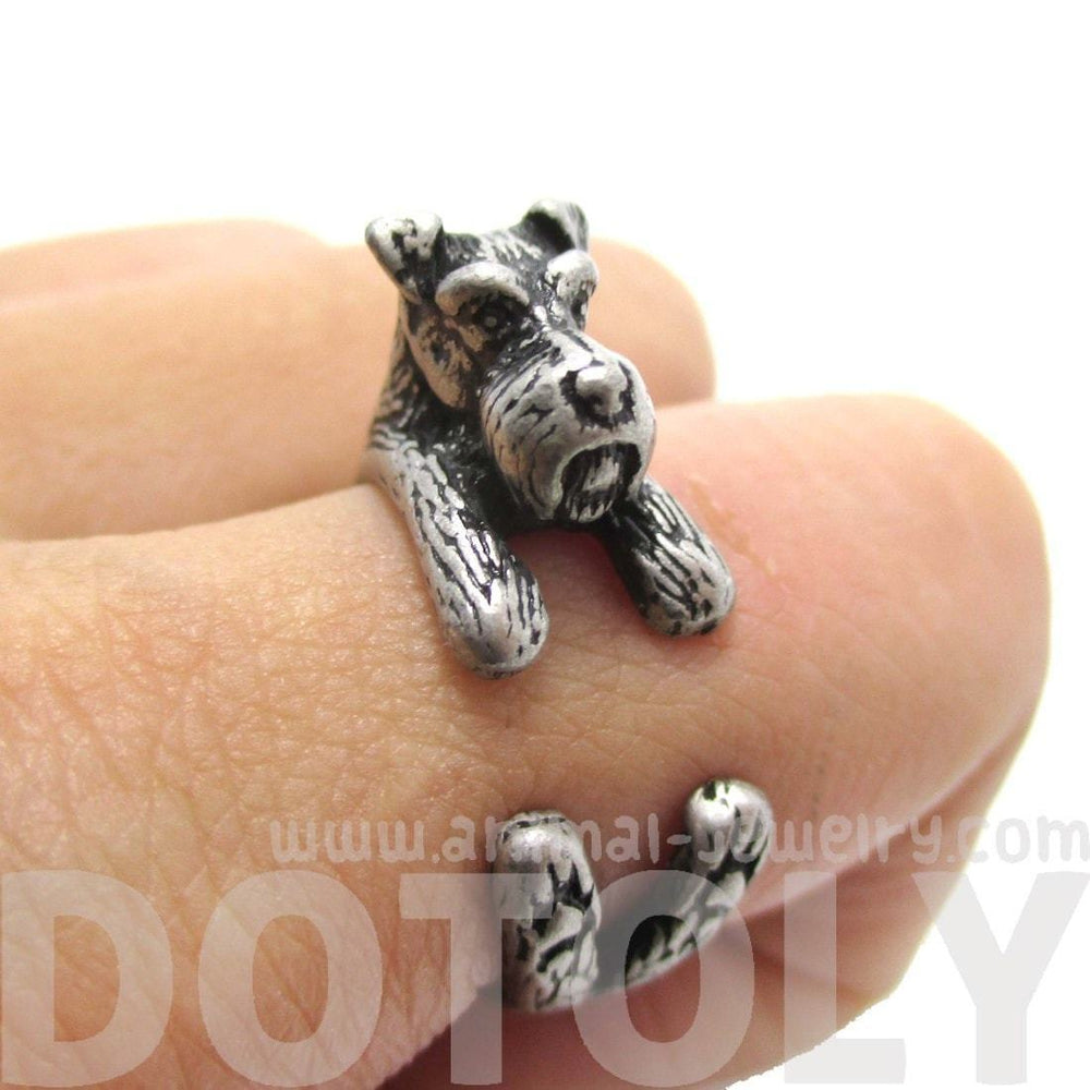 Miniature Schnauzer Dog Shaped Animal Wrap Ring in Silver | US Sizes 5 to 9 | DOTOLY