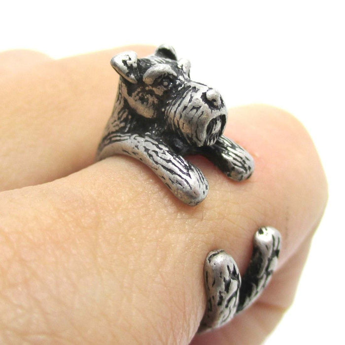 Miniature Schnauzer Dog Shaped Animal Wrap Ring in Silver | US Sizes 5 to 9 | DOTOLY