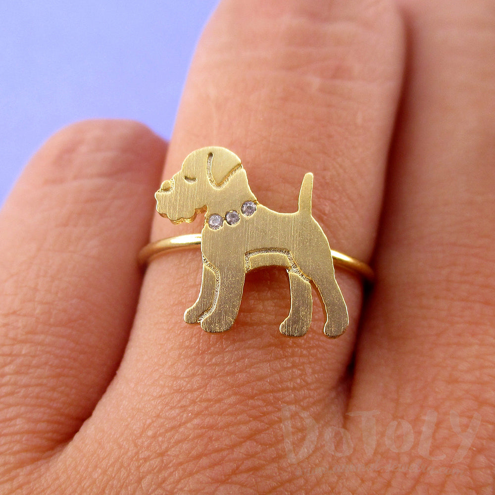 Miniature Schnauzer Dog with Rhinestone Collar Shaped Adjustable Ring in Gold